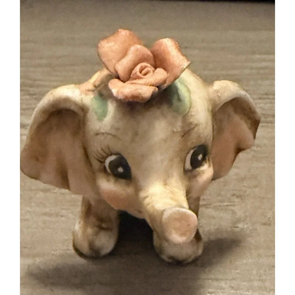 Vintage Porcelain Baby Elephant With Flowers On Head Anthropomorphic Korea